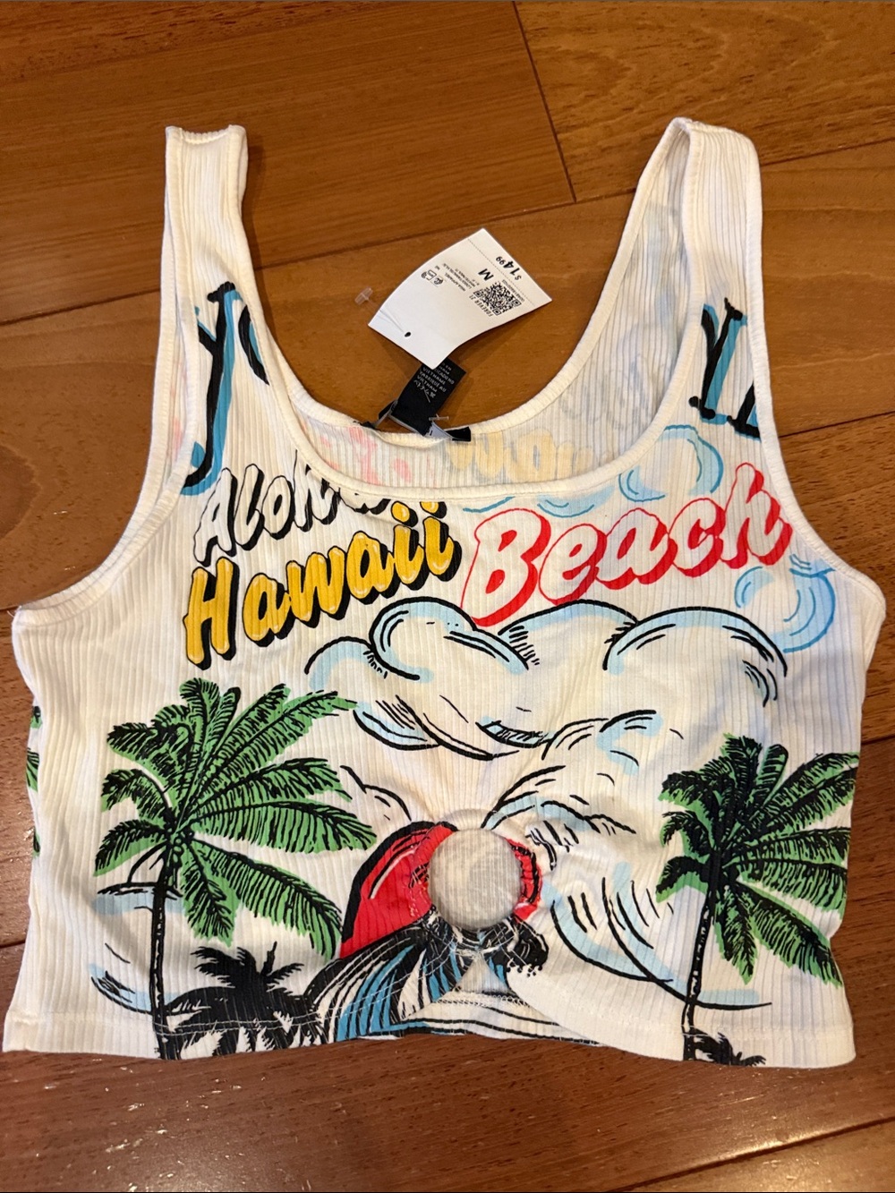 NWT Forever 21 White Ribbed Beach/Tropical Graphic Crop Tank